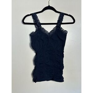 MOPAS Women's Seamless Lace Trim Camisole Tank Top Navy Blue Ribbed One Size